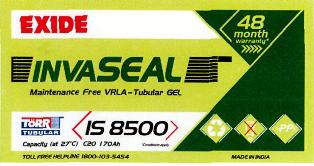 Exide Invaseal-is 8500(label) Device mark 2665971 Trademark